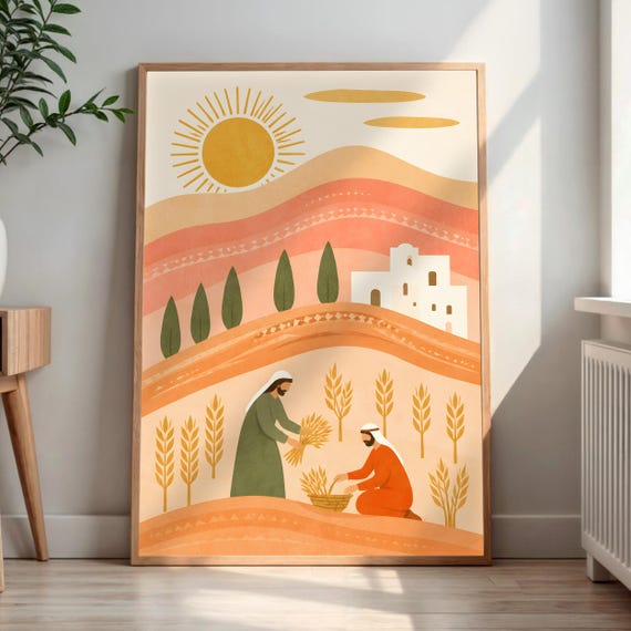 Religious Harvest Wall Art Folk Wheat Field Print Christian Farmhouse Decor Spiritual Home