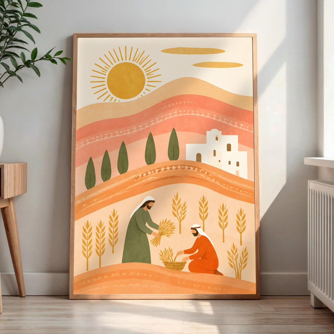 Wheat Harvest Golden Sun Folk Art Mediterranean Field Poster