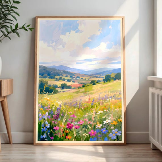 Wildflower Meadow Landscape Print Impressionist Mountain Wall Art Vibrant Nature Painting Green Hills Decor