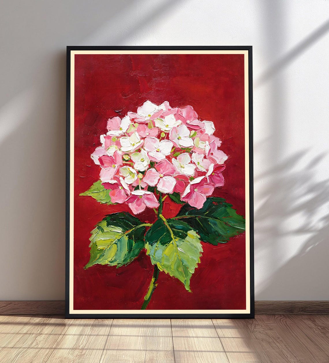Pink Hydrangea Canvas Print Impressionistic Floral Wall Art Red Background Flower Decor