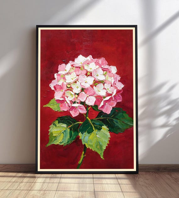 Pink Hydrangea Canvas Print Impressionistic Floral Wall Art Red Background Flower Decor