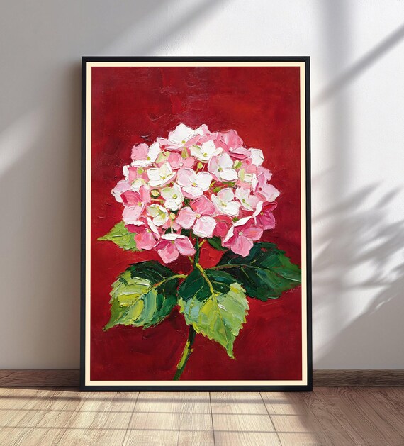 Pink Hydrangea Flower Oil Painting Bold Red Background Floral Poster