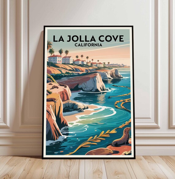 La Jolla Cove California Sea Lions Cliffs Ocean Vintage Travel Poster