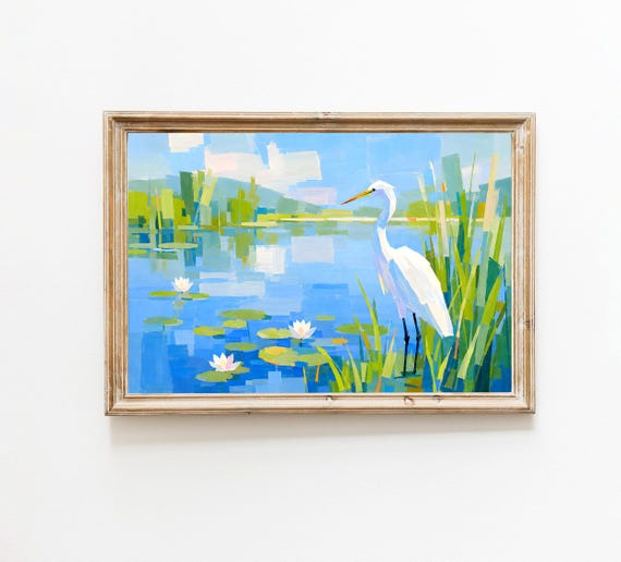 Abstract Egret Landscape Print Blue Lake Water Lilies Green Reeds Hills Wall Art Nature Painting