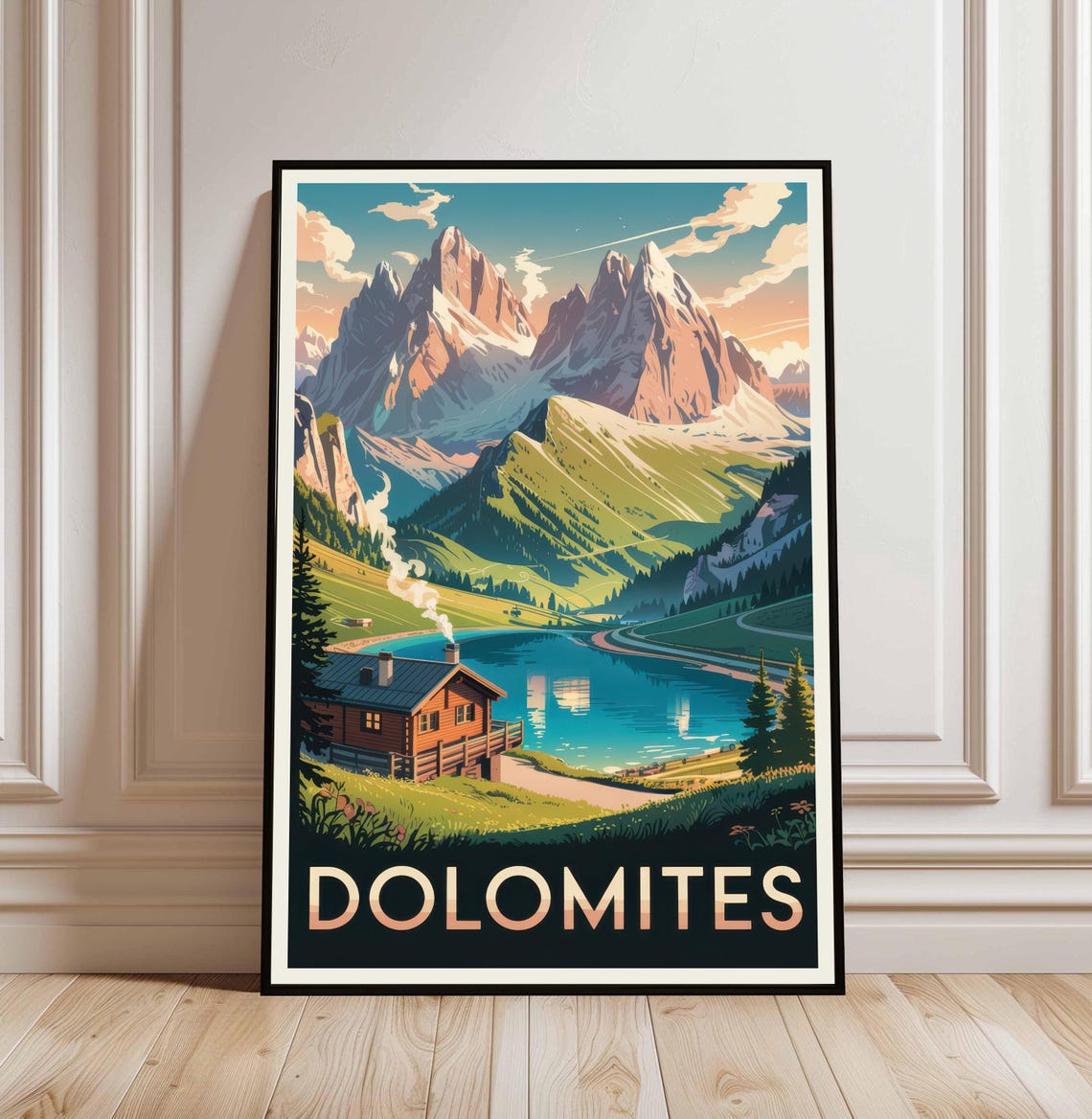 Dolomites Alpine Cabin Mountain Lake Italy Retro Travel Poster