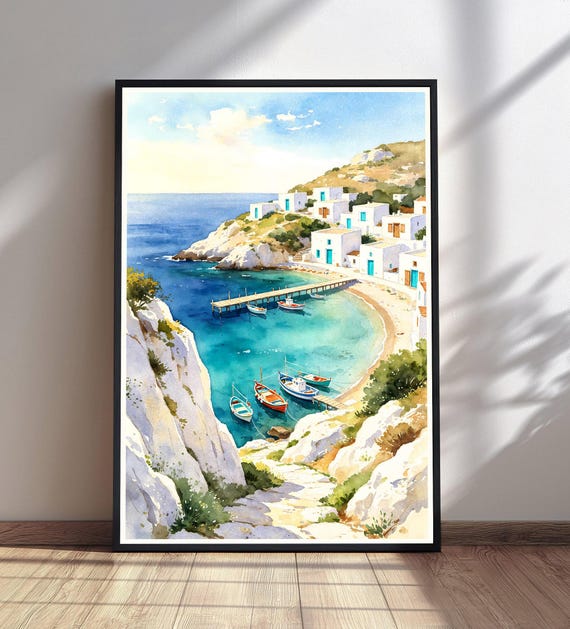 Coastal Village Wall Art Watercolor Painting Print Mediterranean Decor Nautical Home