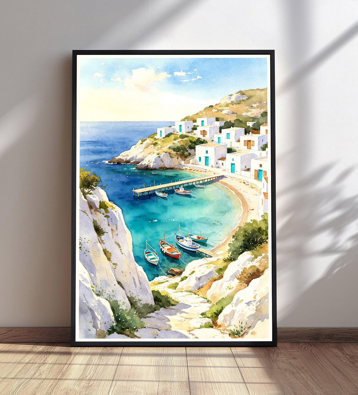Greek Coastal Village Harbor Boats Watercolor Mediterranean Travel Poster