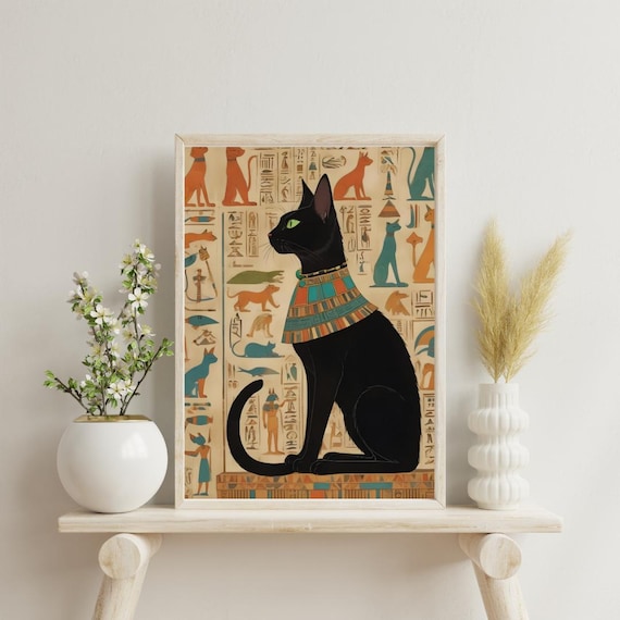 Black Cat Print Egyptian Hieroglyphics Wall Art Luxury Decor For Living Room Bedroom Studio Or Hallway Hanging Painting