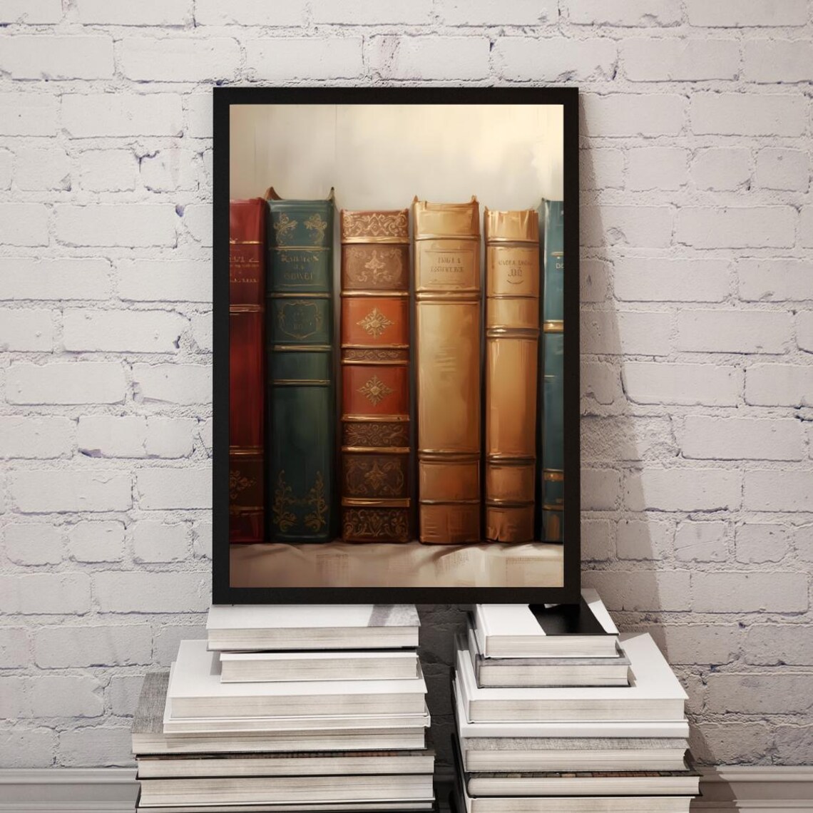 Vintage Leather Book Spines Library Shelf Still Life Study Poster - Image 2