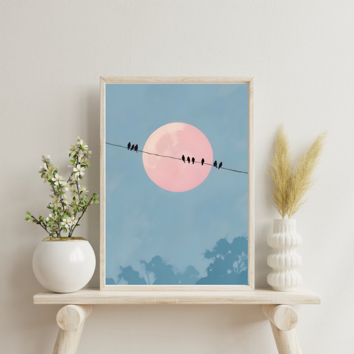 Birds On Wire, Minimalist Blue Sky Painting Decor