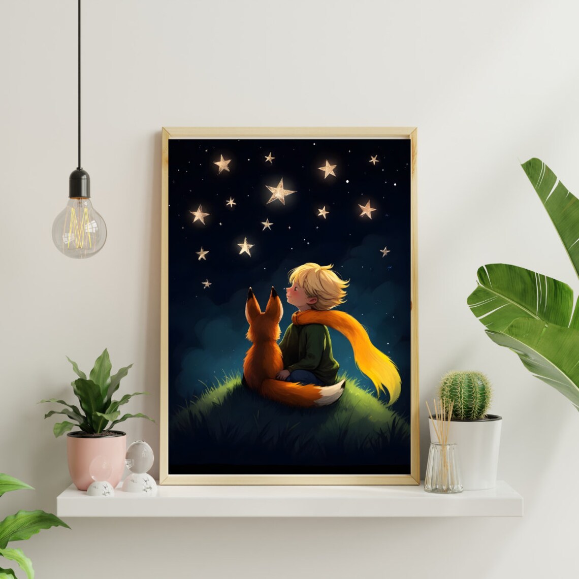 Boy and Fox Stargazing Whimsical Night Sky Nursery Art Poster - Image 2