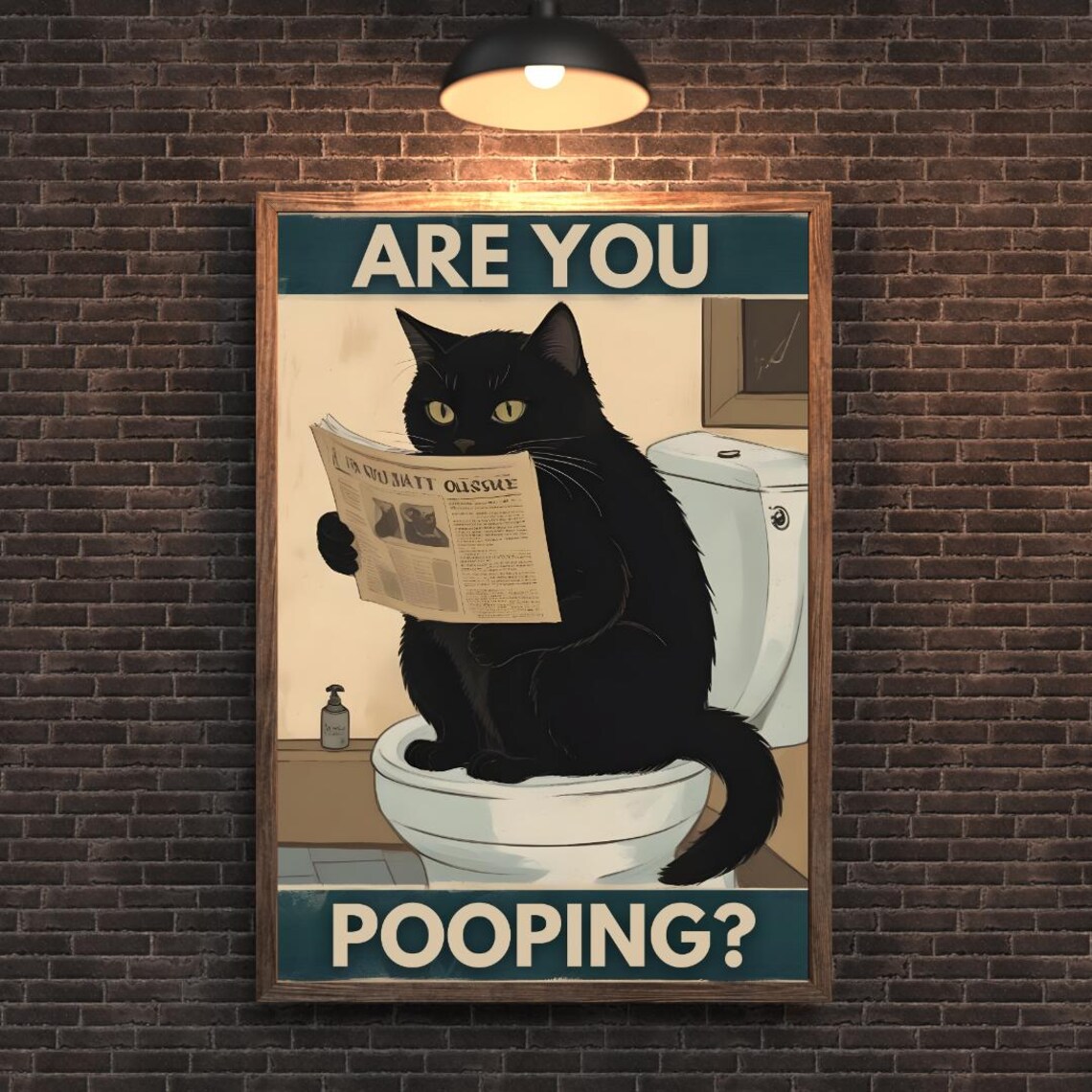 Funny Black Cat Reading Newspaper on Toilet Retro Humor Poster - Image 4