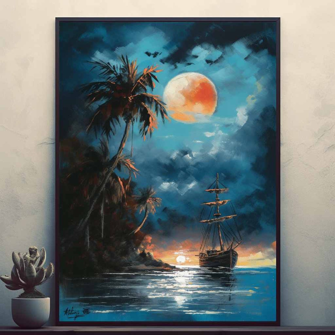 Tropical Moonlit Seascape Tall Ship Palm Trees Romantic Night Poster