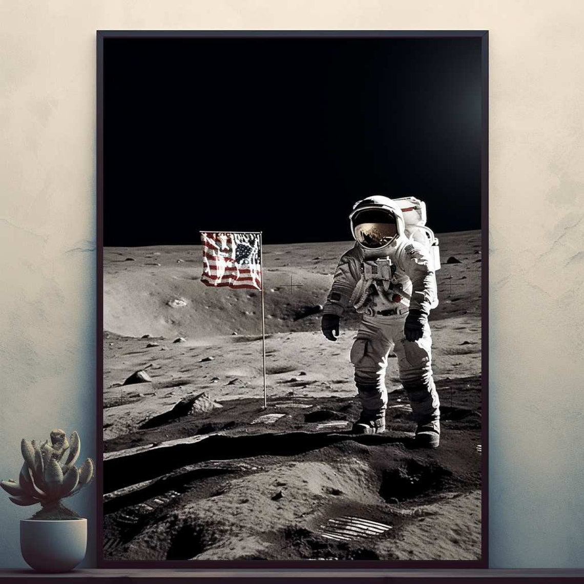 Apollo Astronaut with American Flag on Moon Surface Vintage Poster