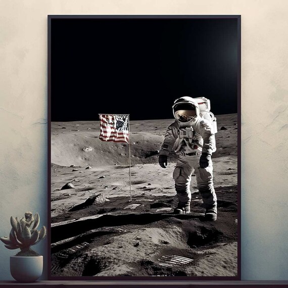 Apollo Astronaut with American Flag on Moon Surface Vintage Poster
