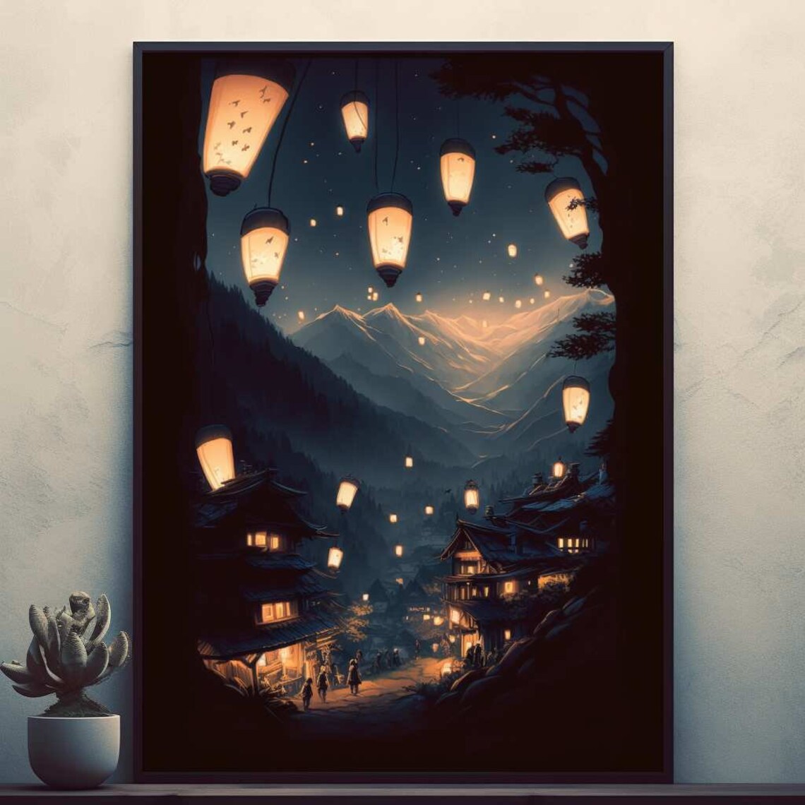 Japanese Lantern Festival over Mountain Village at Night Poster