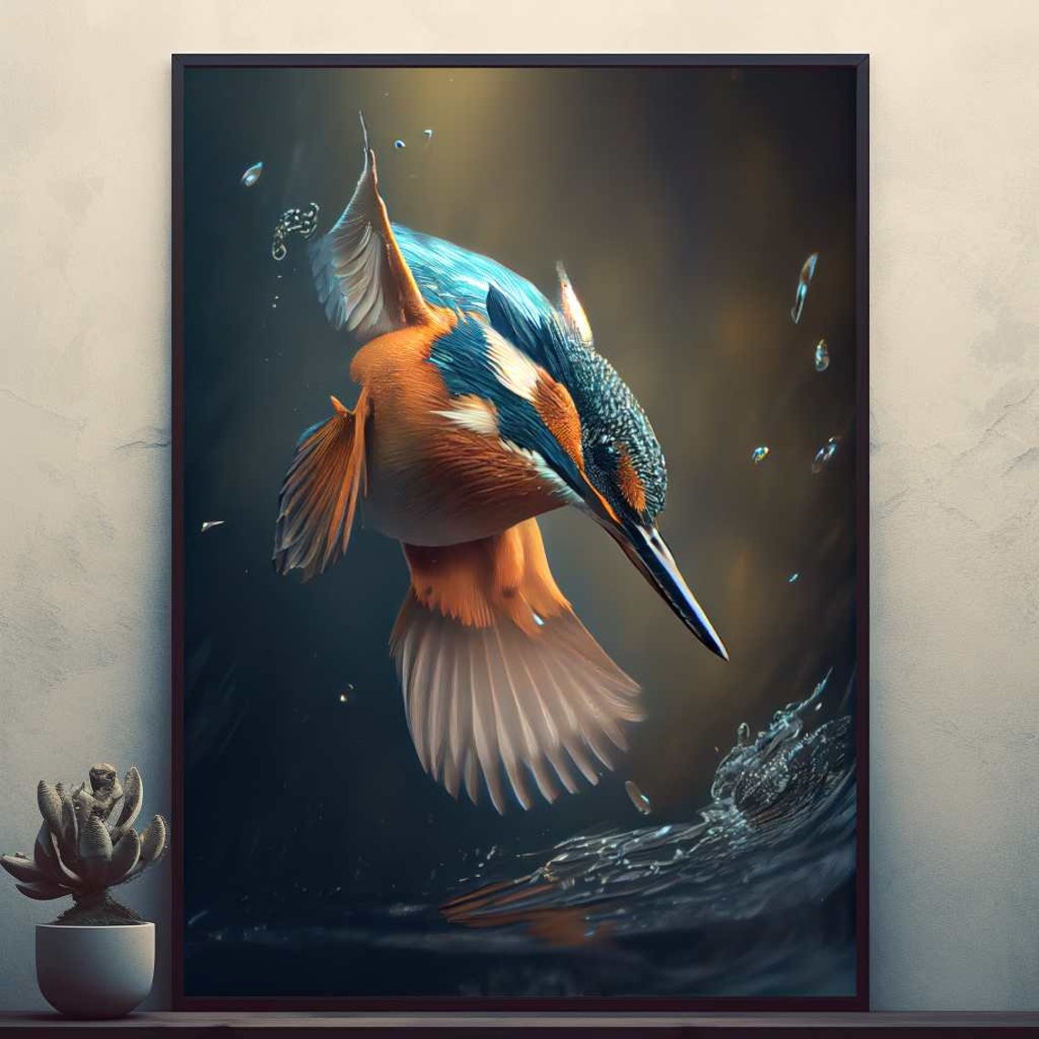 Kingfisher Bird Diving Into Water Dynamic Wildlife Nature Poster