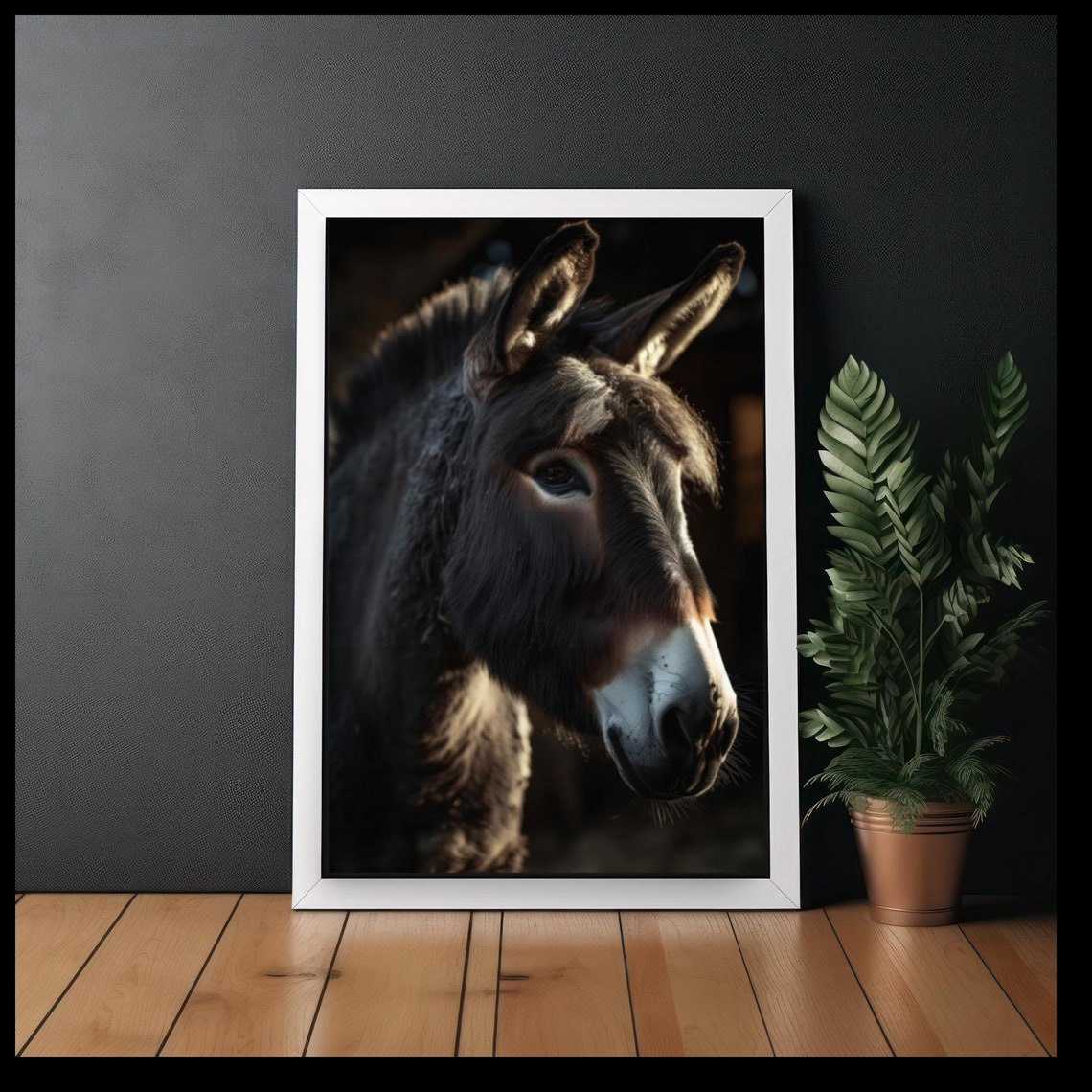 Donkey Portrait in Dramatic Low Light Farm Animal Photo Poster