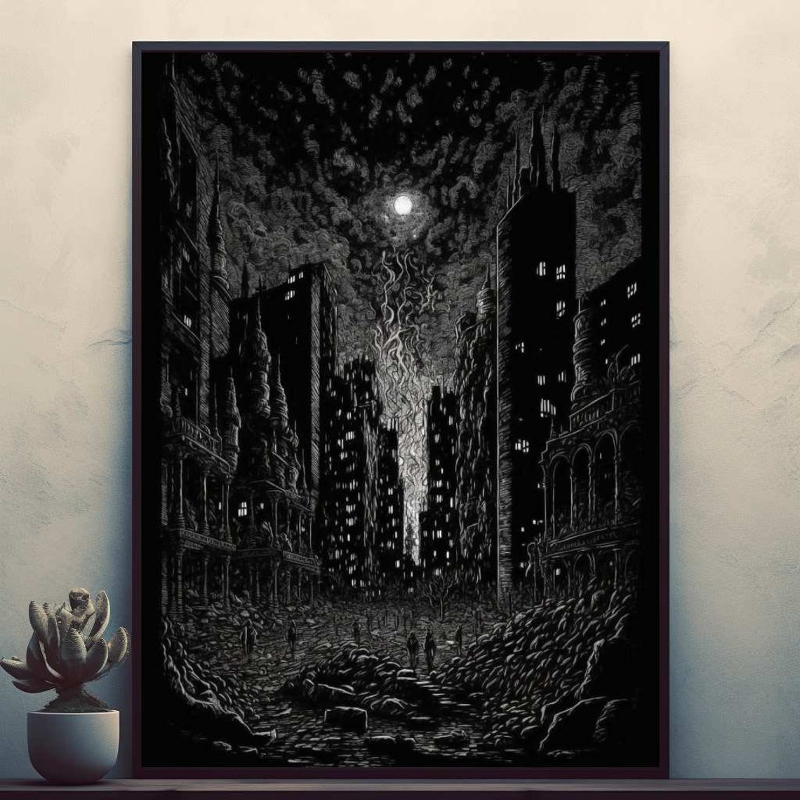 Moonlit Ruined City in Gothic Black Ink Etching Style Poster