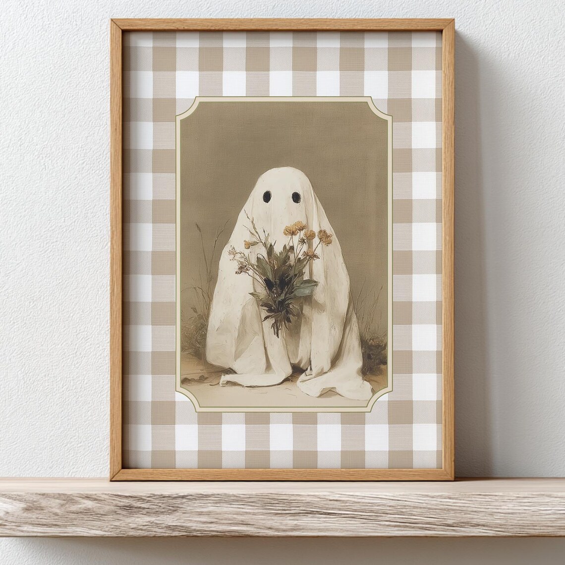 Cute Beige Plaid Wall Art Gingham Halloween Decor Neutral With Flowers Country Cottage Fall