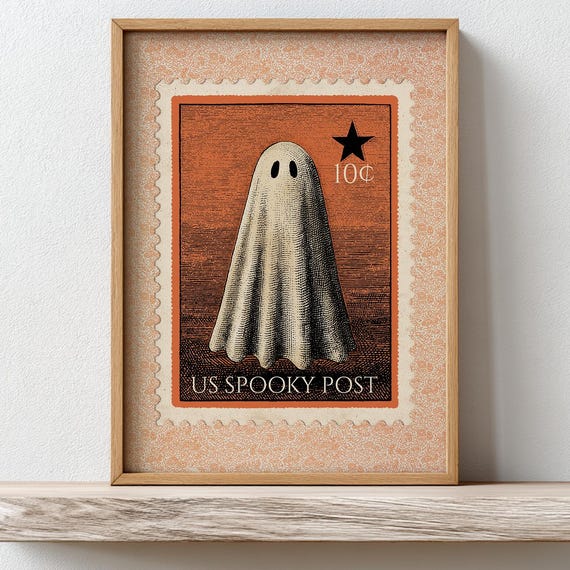 Vintage Postage Stamp Print Retro Halloween Wall Art Cute Autumn Nursery Orange Spooky Fall Decor