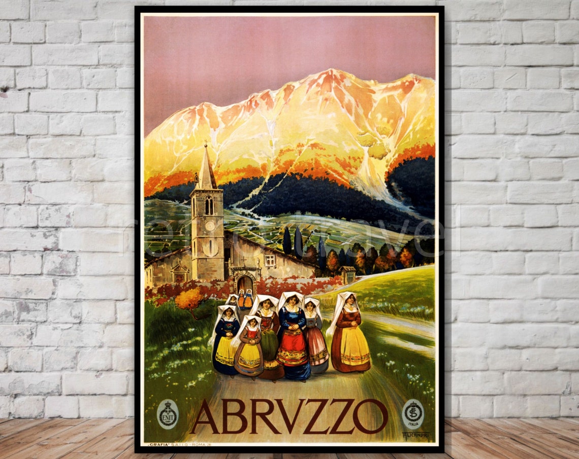 Abruzzo Italy Vintage Travel Poster Folk Dress ENIT Retro Mountain Art