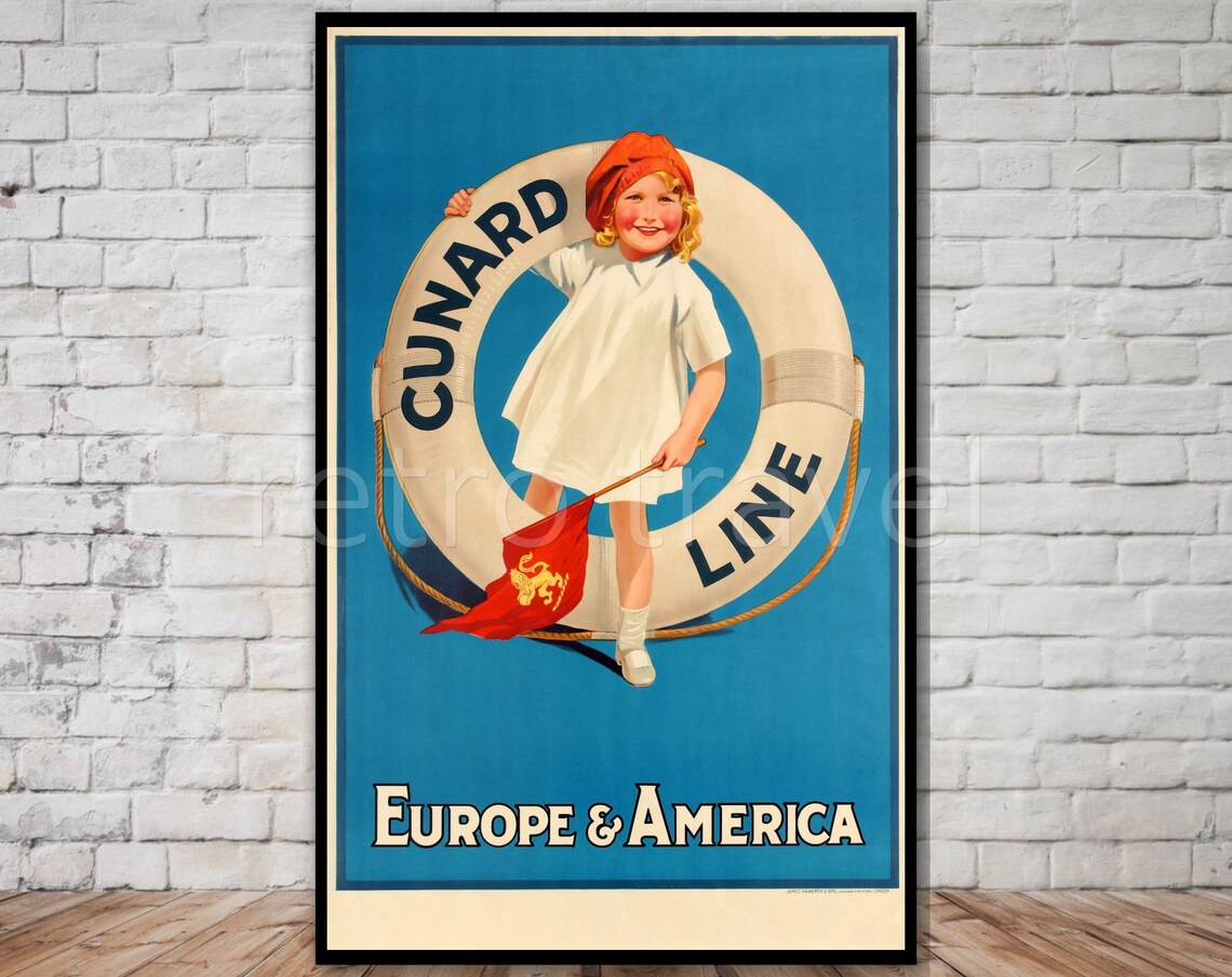 Cunard Line Europe America Vintage Steamship Poster Girl Lifebuoy Art