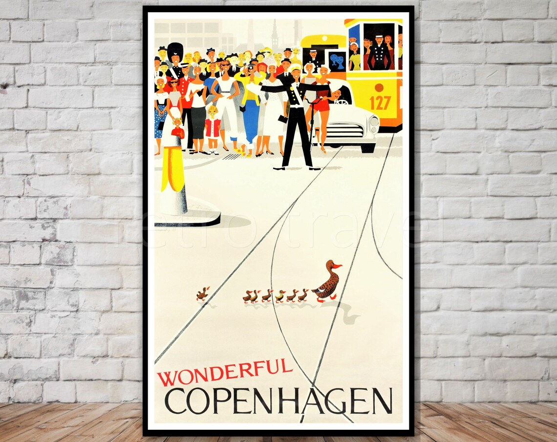 Copenhagen Retro Travel Poster, Duck Family