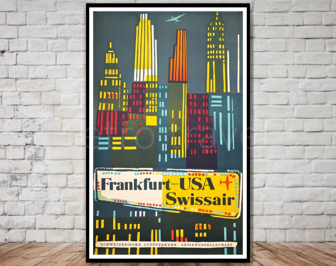Swissair Frankfurt To Usa Travel Poster Instant Retro Travel Print Vintage Poster Swiss Air Wall Art