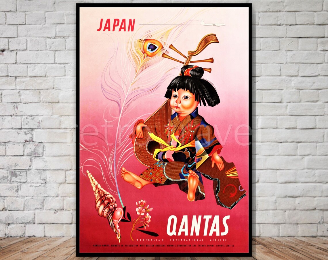 Japan Qantas Australia Airline Child Biwa Vintage Poster Flight