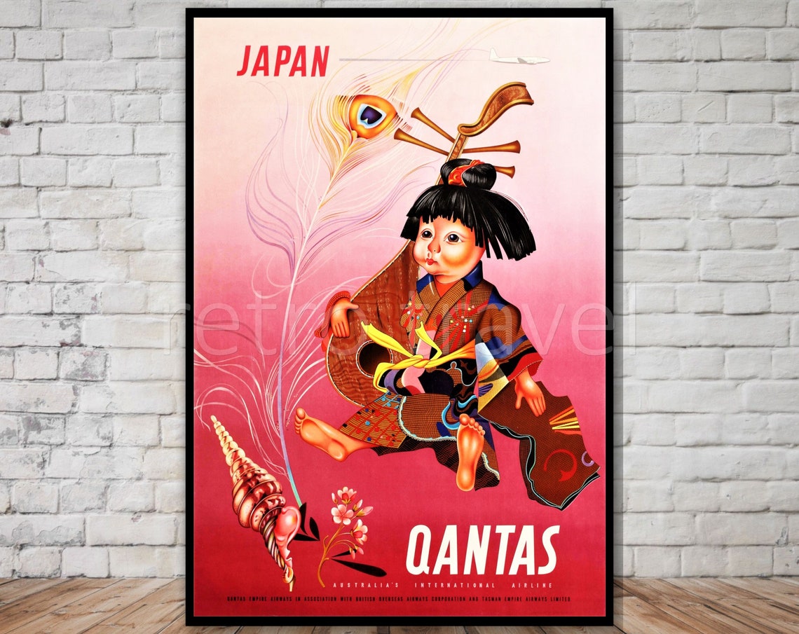 Japan Travel Poster Vintage Instant Qantas Airlines Australia Japanese Child With Biwa Lute Japanese Travel Poster Wall Decor