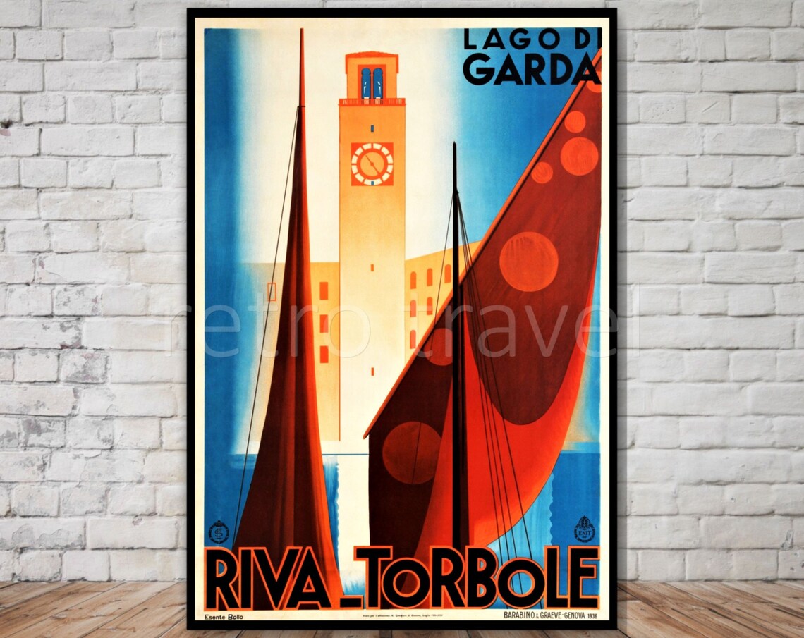 Riva Torbole Lago Di Garda Vintage Art Deco Sailboat Travel Poster