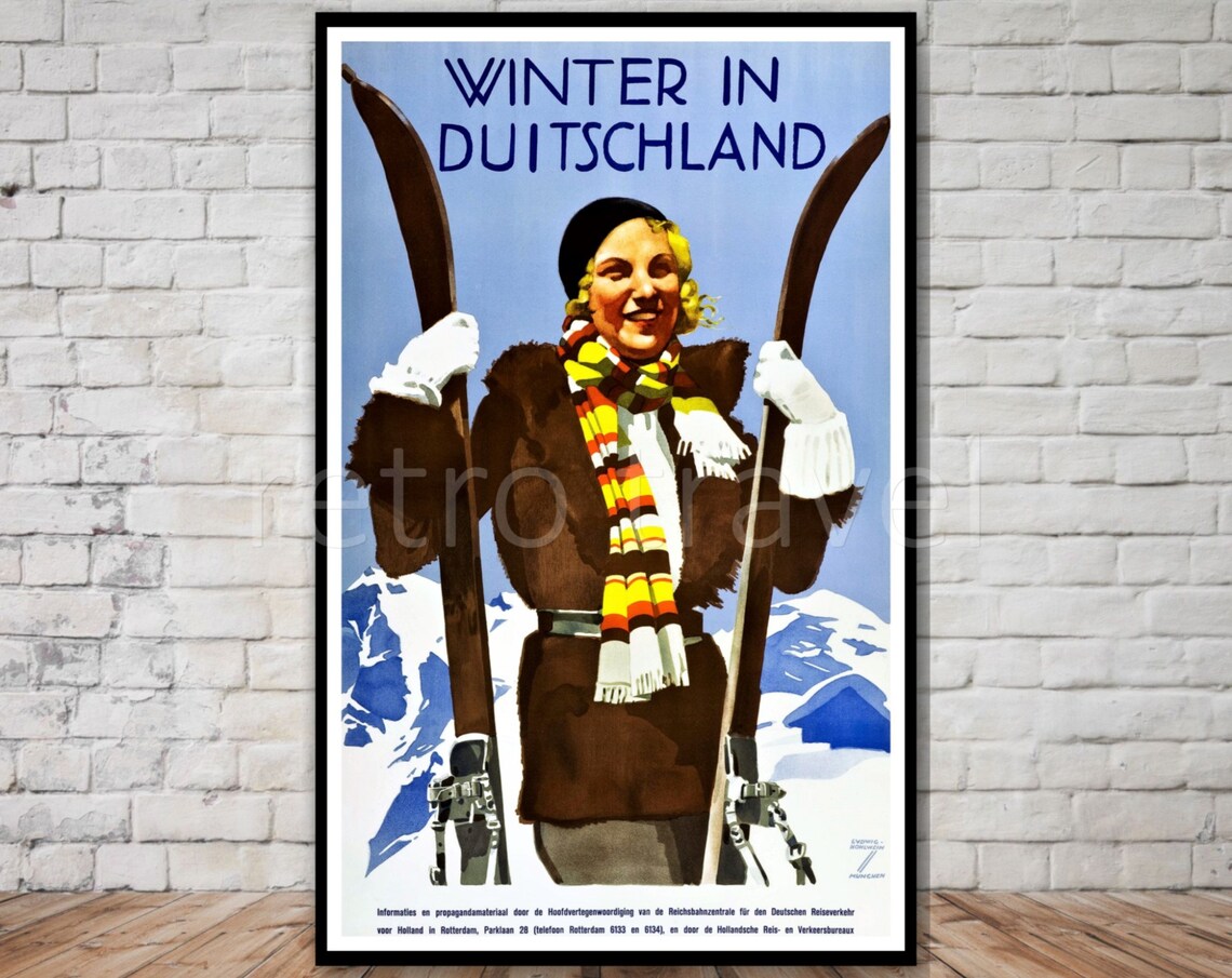 Winter in Duitschland Vintage German Ski Woman Travel Poster