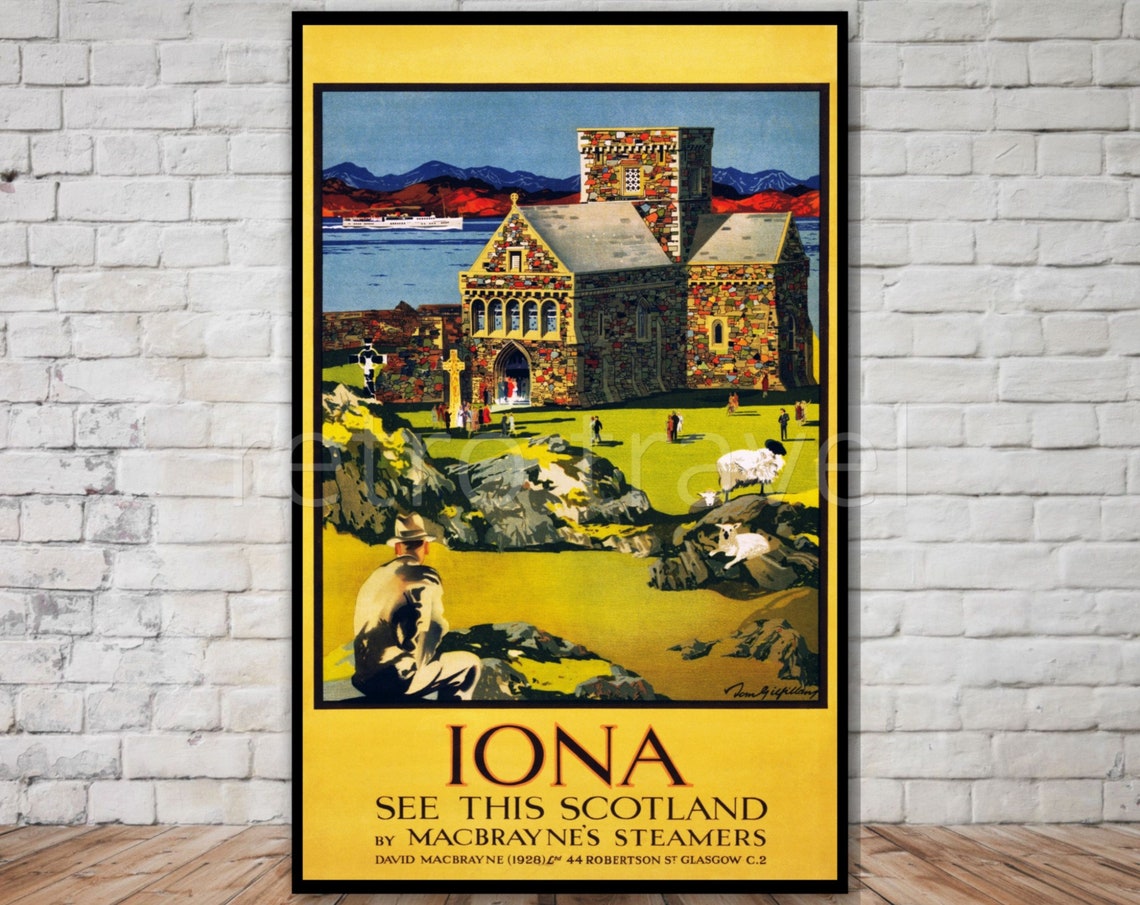 Iona Scotland MacBrayne Steamers Vintage Travel Poster Abbey Coast Art