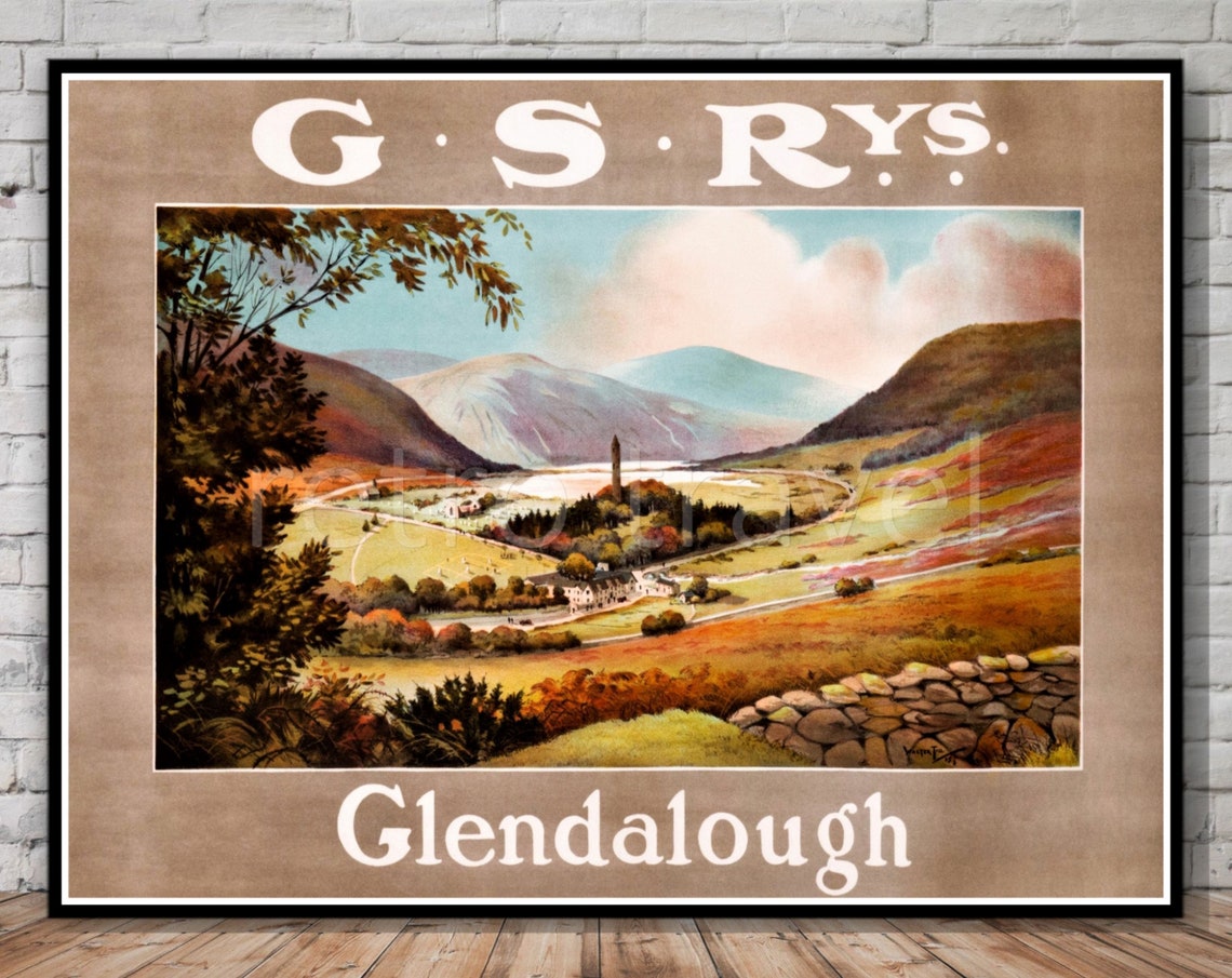 Glendalough Ireland GSR Vintage Railway Poster Round Tower Valley Art