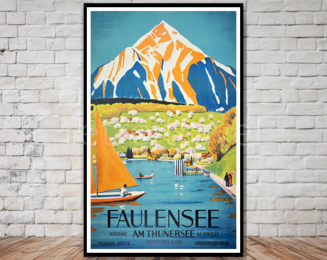 Faulensee am Thunersee Sailboats Vintage Swiss Lake Village Travel Poster