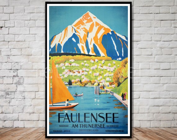 Faulensee am Thunersee Sailboats Vintage Swiss Lake Village Travel Poster