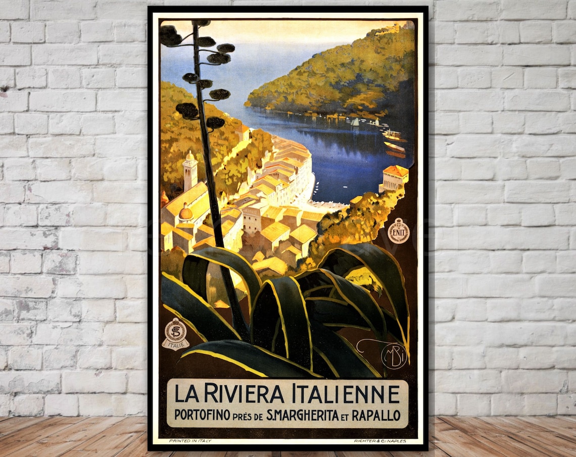 La Riviera Italienne Portofino Coastal Bay Vintage Italian Poster