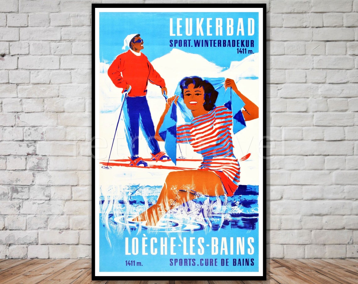 Leukerbad Travel Poster Valais Switzerland Travel Print Instant Vintage Ski Poster Swiss Hot Springs Winter Sports Decor