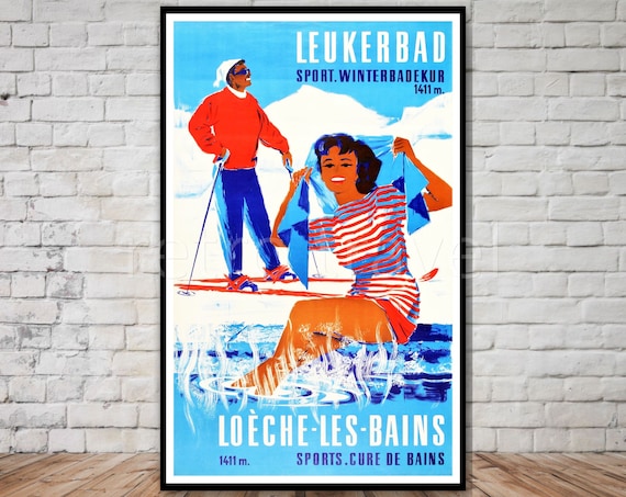 Leukerbad Thermal Baths Skier Loèche-les-Bains Swiss Spa Poster