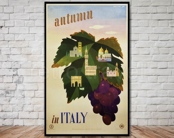 Autumn in Italy Grape Vine Leaf Landmarks ENIT Vintage Travel Poster