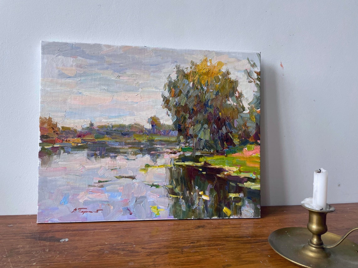 River Tree Reflection Pink Water Impressionist Oil Painting Landscape - Image 3