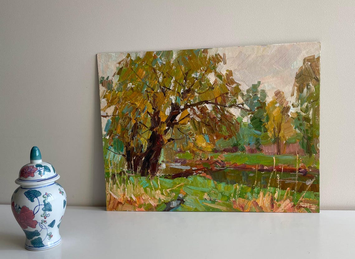 Spring Riverbank Big Tree Green Meadow Impressionist Oil Painting Art - Image 3