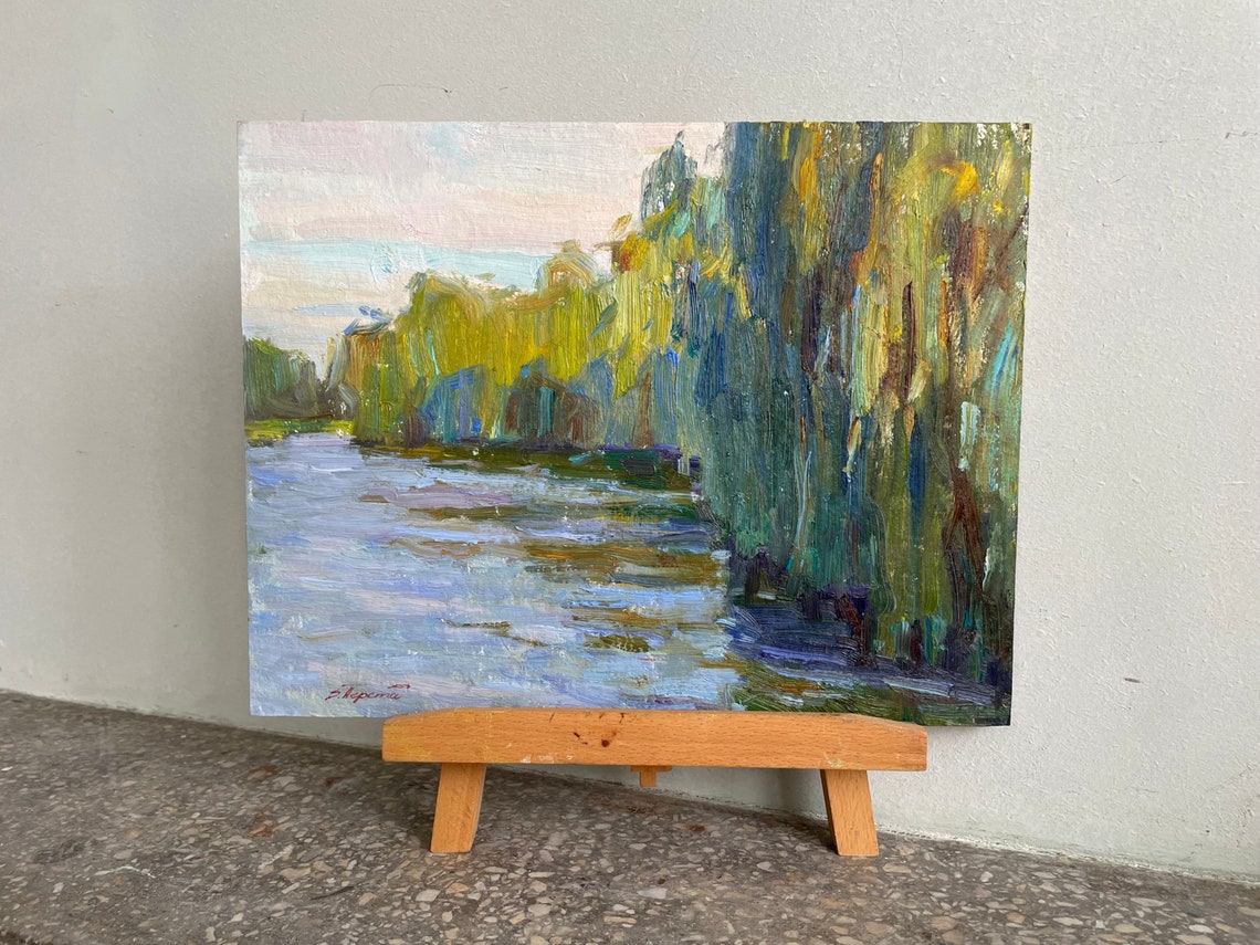 River Willow Trees Impressionist Oil Painting Original Landscape Art - Image 3