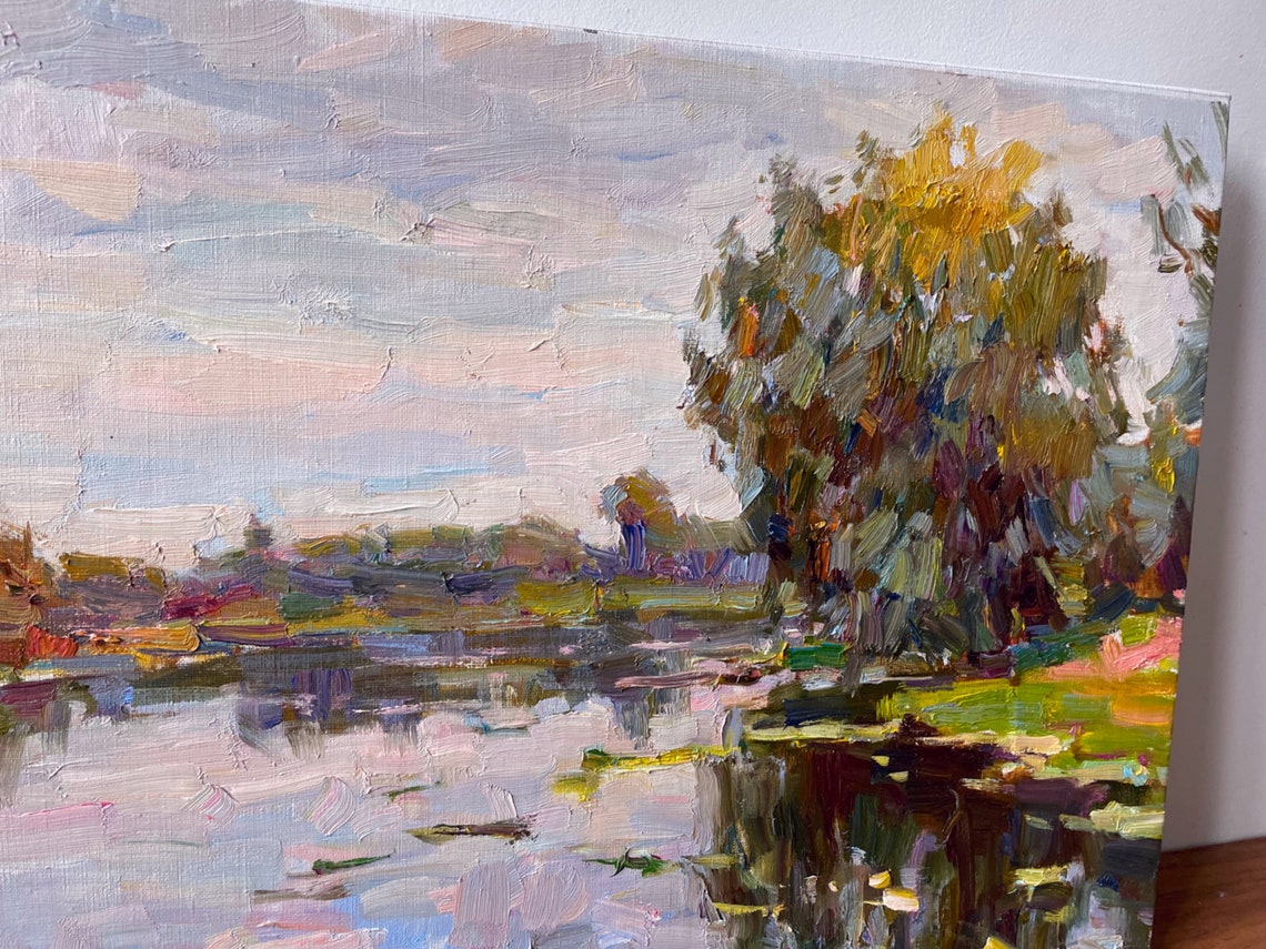 River Tree Reflection Pink Water Impressionist Oil Painting Landscape - Image 2