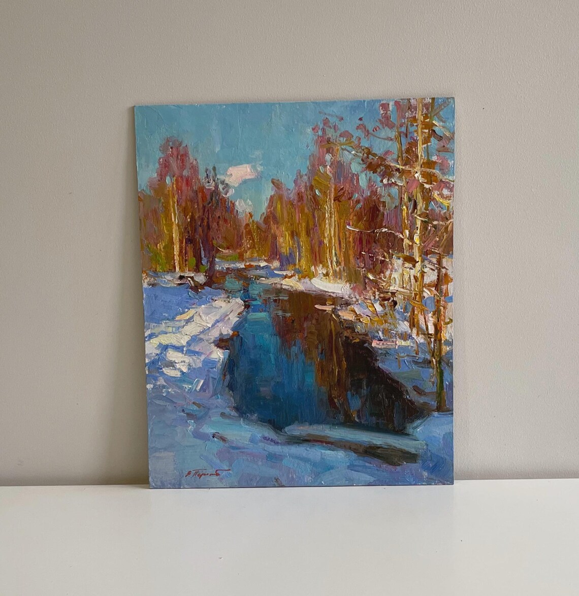 Winter Forest River Snow Banks Blue Water Impressionist Oil Painting - Image 2