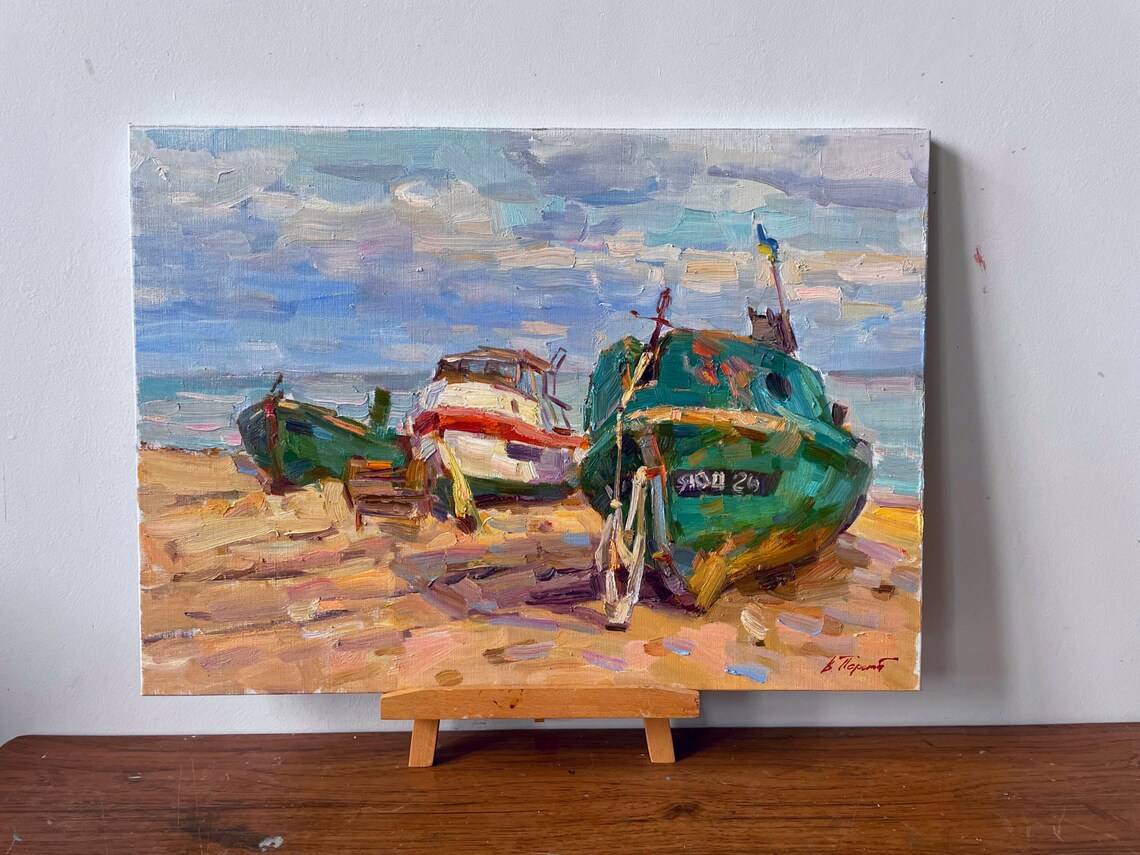 Colorful Fishing Boats Beach Sea Impressionist Oil Painting Coastal