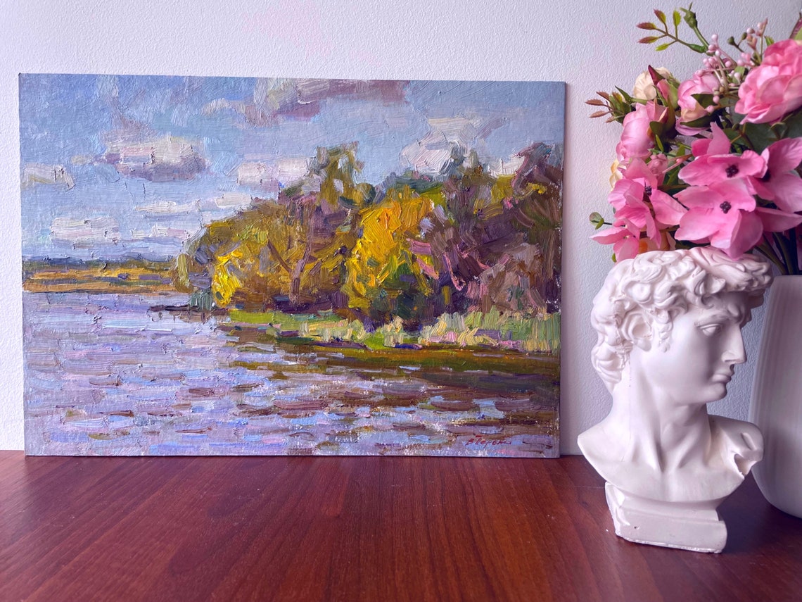 Autumn River Golden Trees Lavender Water Impressionist Oil Painting - Image 4