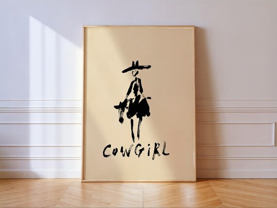Cowgirl Black Ink Line Art Print, Western Decor