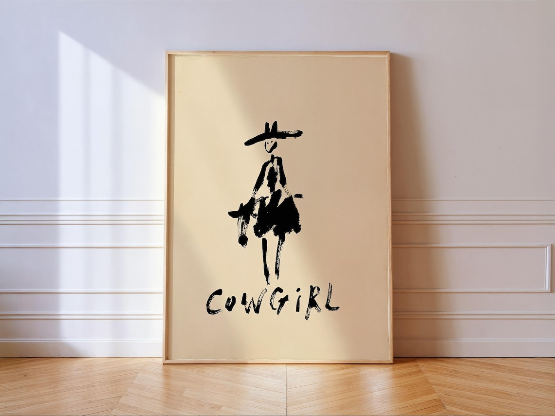 Cowgirl Black Ink Line Art Print, Western Decor